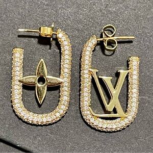 LV  Gold & Silver Crystal Open U Shaped Earrings